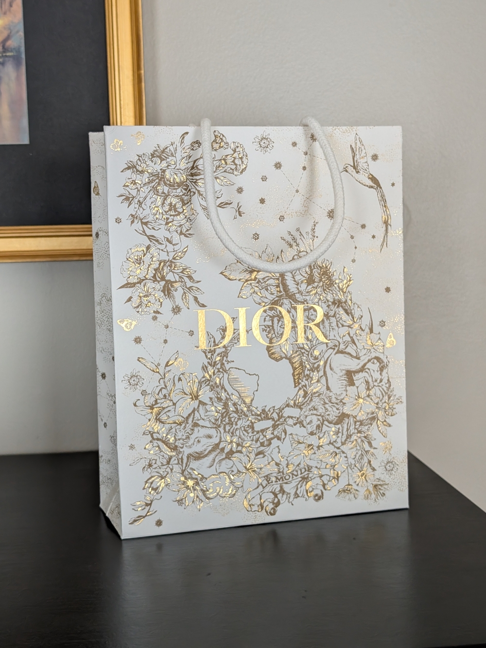 Dior Limited Edition White and Gold Toile Print Gift Bag